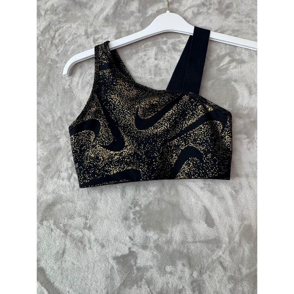 Nike Pro Asymmetrical One Shoulder Sports Bra Black Gold Metallic Splatter S